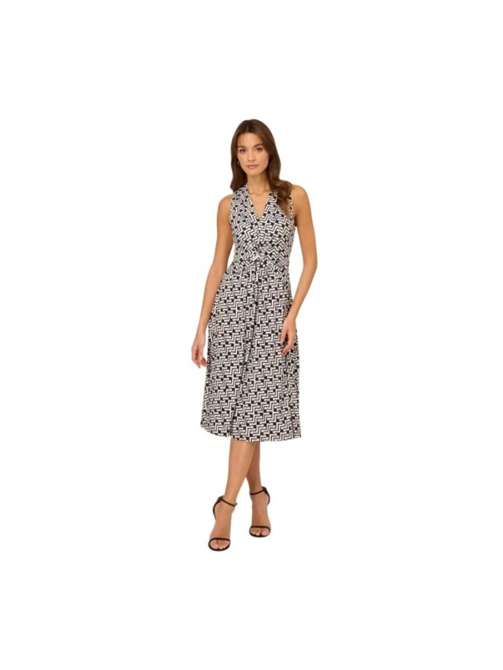 Adrianna Papell Midi Dress Size 18 Geometric Twist Front V-Neck Black White NEW